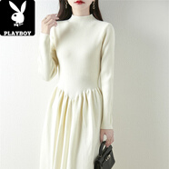 花花公子（PLAYBOY）2024冬季新款針織連衣裙赫本風(fēng)半高領(lǐng)毛衣搭配大衣中長(cháng)內搭打底衫 米白色 M 小碼 80-125