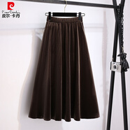 皮爾卡丹金絲絨半身裙女新款高腰a字大碼打底裙胖mm裙子松緊腰顯瘦中長(cháng)裙 咖色 4XL 建議180-200斤