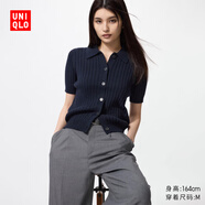 優(yōu)衣庫女裝羅紋POLO領(lǐng)針織開衫/短袖空調(diào)衫通勤479968 69 藏青色 L /160/88A
