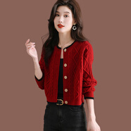 皮爾卡丹（pierrecardin）大紅色毛衣外套女小款外搭配裙春秋新款時(shí)尚短款披肩羊毛針織開(kāi)衫 紅色 S 80-95斤