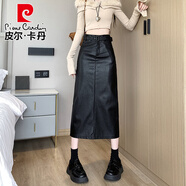 皮爾卡丹（pierre cardin）pu皮裙半身裙女秋冬季2025新款a字包臀裙高腰顯瘦開(kāi)叉中長(cháng)款裙子 黑色配腰帶 L
