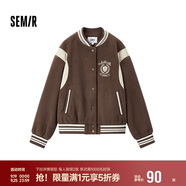 森馬（Semir）外套女刺繡拼接撞色寬松夾克2024冬季仿毛呢棒球服109724108004