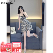 她芙（tafu）品牌女裝碎花吊帶連衣裙女2025夏季新款收腰顯瘦甜美荷葉邊雪紡裙 花色 S