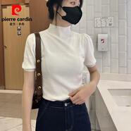 皮爾卡丹（pierre cardin）2025春夏季新款半高領(lǐng)針織衫女短袖純色打底衫T恤法式泡泡袖上衣 白色 S