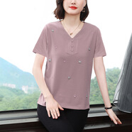 阿瑪施 AMASS哥弟適用夏季寬松短袖t恤女2024夏裝新款刺繡V領(lǐng)媽媽紫色體恤衫批香芋色M