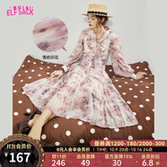 妖精的口袋蝴蝶結(jié)長(zhǎng)袖雪紡連衣裙女2024秋季新款法式碎花裙高級(jí)感 水樣粉色 M