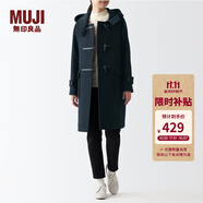 無(wú)印良品（MUJI）女式羊毛混牛角扣大衣長(zhǎng)款連帽毛呢呢子外套秋冬季外衣女裝 深藏青色2A M (160/84A)