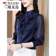 啄木鳥（TUCANO）2025新款春秋立領(lǐng)荷葉邊雪紡襯衫女長袖法式職業(yè)OL超仙木耳邊上衣 藏青色 2XL 【125-135斤】