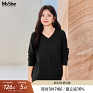 MsShe【V領(lǐng)&圓領(lǐng)】大碼女裝秋裝胖mm仿兔絨紗寬松毛衣 V領(lǐng)-黑色現(xiàn)貨-5091 5XL