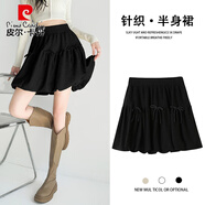 皮爾卡丹（pierre cardin）針織燈籠花苞短裙女秋冬季2025新款高腰顯瘦防走光a字蓬蓬半身裙 黑色 M