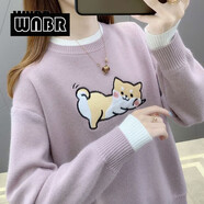 WNBR卡通針織衫女2024秋冬新款百搭加絨加厚寬松圓領(lǐng)保暖打底衫毛衣 粉紅色 [柴犬款] L [105-120斤]