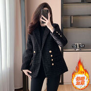 AEMAPE小香風(fēng)加厚紅色外套女2025秋冬裝新款名媛氣質(zhì)顯瘦西裝保暖上衣女 黑色 加厚 M 建議95-108斤