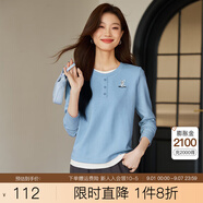 熙世界sllsky時尚刺繡假兩件圓領針織t恤長袖打底衫上衣2025春秋新款 灰藍色 2XL