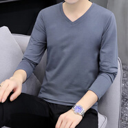 以純（YISHion）V領(lǐng)長(cháng)袖t恤男秋冬季內搭薄款上衣服雞心領(lǐng)純色純棉打底衫百搭體恤 藍灰色 QY8002 XL