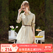 白鹿語(yǔ)春夏襯衫拼接網(wǎng)紗裙氣質(zhì)時(shí)尚可拆卸腰帶連衣裙中長(zhǎng)裙 卡其色  L 
