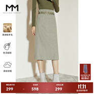 麥檬MM麥檬秋冬高腰H版復古金屬扣皮帶格子半身裙女5CA142081 豆綠 M