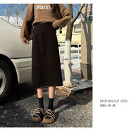 1314小個(gè)子毛呢半身裙女秋冬新款加厚高腰開(kāi)叉a字中長(cháng)裙顯瘦黑色裙子 黑色【松緊腰】 適中 M  87-105斤