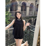 小紅書(shū)爆款純欲穿搭套裝鑲鉆掛頸雪紡衫女裝夏季新款露肩上衣黑色 黑色短褲+掛頸雪紡衫兩件套 S 均碼