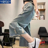 莫代爾復古破洞七分直筒牛仔褲女2025夏季新款高腰寬松顯瘦懷舊闊腿褲子 MX-8-1347_藍色 M 建議98-110斤