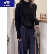 羅蒙（ROMON）針織衫女新款韓版時(shí)尚亮片毛衣半高領(lǐng)秋冬加厚毛絨套頭上衣打底衫 黑色 M