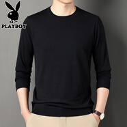 花花公子（PLAYBOY）中年純色春秋針織衫長(cháng)袖t恤男圓領(lǐng)羊毛薄款毛衣時(shí)尚打底小衫男裝T 1818黑色 M 165-120斤