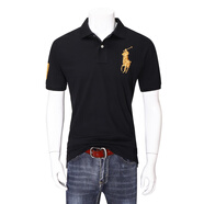 POLO SPORT高端刺繡保羅短袖polo衫男士夏季翻領(lǐng)經(jīng)典大馬標休閑寬松純棉t恤 黑色金標 S (建議體重110-128斤以下)