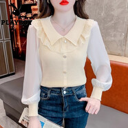 花花公子（PLAYBOY）娃娃領(lǐng)雪紡泡泡袖針織衫女毛衣長(cháng)袖春秋新款百搭時(shí)尚外穿打底上衣 杏色 S 建議75-95斤