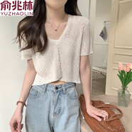 俞兆林冰絲針織短袖開(kāi)衫薄款女披肩夏配吊帶裙子外搭防曬罩衫法式小坎肩 杏色 M