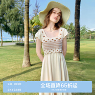 樂町甜美鉤花拼接連衣裙假兩件度假風小飛袖連衣長裙 米駝（現(xiàn)貨） L