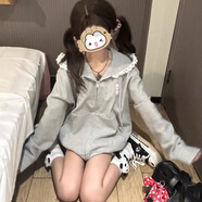 FSHE花邊衛衣外套女小貓咪碎花長(cháng)袖拉鏈連帽秋冬日系可愛(ài)休閑開(kāi)衫女 灰色  S