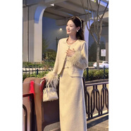 梢巷2025款秋冬名媛氣質(zhì)香風(fēng)外套拼接兩件套裝長(cháng)身裙新款毛毛袖單 杏色*967 M