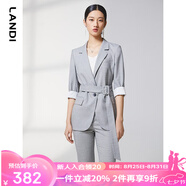 藍(lán)地（LANDI）卷邊五分袖羊毛西服外套女春季新款系帶西裝上衣 淺灰色 XL