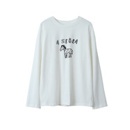 楠鸞【歐凡休閑小馬植絨印花圓領(lǐng)長(cháng)袖T恤女寬松顯瘦磨毛棉上衣 白色 均碼