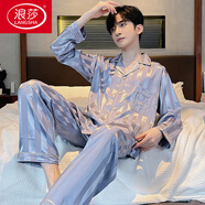 浪莎（LangSha）睡衣男真絲桑蠶絲春秋季新款新款長(cháng)袖長(cháng)褲絲綢潮流時(shí)尚家居服套裝 真絲男325 3XL 【適合175-200斤】【細密柔