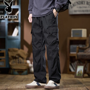 花花公子（PLAYBOY）2025春秋新款工裝褲男士春秋季寬松直筒沖鋒戶(hù)外運動(dòng)休閑褲子男款 黑色 【春秋款】 M 【建議體重90-110斤】