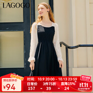 LAGOGO優(yōu)雅方領(lǐng)黑白拼接連衣裙女拉谷谷長袖A字假兩件設(shè)計感裙子 黑白(WV) M 160/38