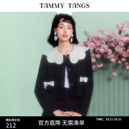 糖力【商場同款】春秋季新款設(shè)計感撞色花瓣翻領(lǐng)短外套女小個子 黑色 M