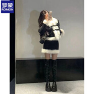 羅蒙冬季新款千金風(fēng)加絨加厚兩件套感夾棉毛毛領(lǐng)外套小香風(fēng)套裝裙 黑色外套+短裙【高質(zhì)量】 S