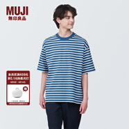 無(wú)印良品（MUJI） 男式 水洗 粗棉線(xiàn) 圓領(lǐng) 五分袖T恤 男士打底衫男款短袖 煙熏藍色圖案 L(175/100A)
