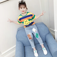 小乖童年 童裝女童套裝夏裝2019新款秋裝時尚中大條紋春秋T恤小女孩兒童兩件套夏天衣服 綠色兩件套 120