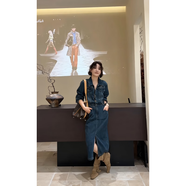 馨悠潔港風(fēng)藍色翻領(lǐng)系扣前面開(kāi)叉長(cháng)袖牛仔連衣裙女2025秋冬中長(cháng)A裙 圖片色 S