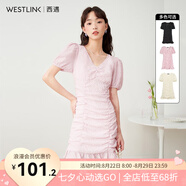 西遇V領(lǐng)泡泡袖連衣裙女2024年早夏新款法式褶皺收腰修身包臀裙子七夕 粉色 L