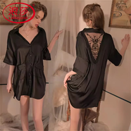 浪莎性感睡衣春秋款女2025新款男友風(fēng)冰絲襯衫睡裙薄款純欲風(fēng)夏季 黑色蕾絲精致款 S (80-100)斤