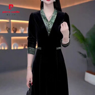 皮爾卡丹（pierre cardin）2025秋冬新款復古改良旗袍裙洋氣媽媽修身顯瘦氣質(zhì)大碼V領(lǐng)連衣裙 黑色 XL 建議85-105斤