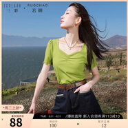 三彩大碼女裝2025夏季新款方領(lǐng)純欲風(fēng)小衫套頭T恤上衣短袖胖MM 芥末綠 3XL 175/104B