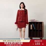 獨束【新年繆斯】新年套裝冬季浪漫復(fù)古羽毛編織小香風(fēng)三件套 朱砂紅（短裙） 2XL (尺碼：4) 拍前和客服確認(rèn)尺碼