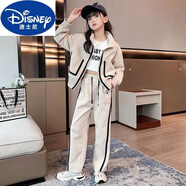 迪士尼女童秋裝套裝2024新款洋氣韓版中大童棒球服秋冬運動兩件套兒童裝 米色套裝 發(fā)324# 48 cm