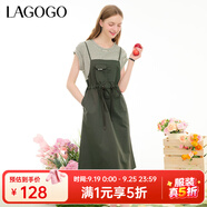 lagogo純棉條紋拼接文藝風連衣裙女拉谷谷夏季新款休閑假兩件裙子 綠米(LT) XL