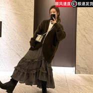 波之興灰色蕾絲拼接長(cháng)裙原宿風(fēng)感半身裙