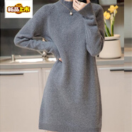 初徑半高領(lǐng)中長(cháng)款針織連衣裙秋冬新款歐貨簡(jiǎn)約寬松內搭加絨加厚毛衣裙 灰色 3XL